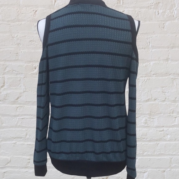 TEAL GREEN STRIPE COLD SHOULDER WAFFLE KNIT TOP - Picture 6 of 11
